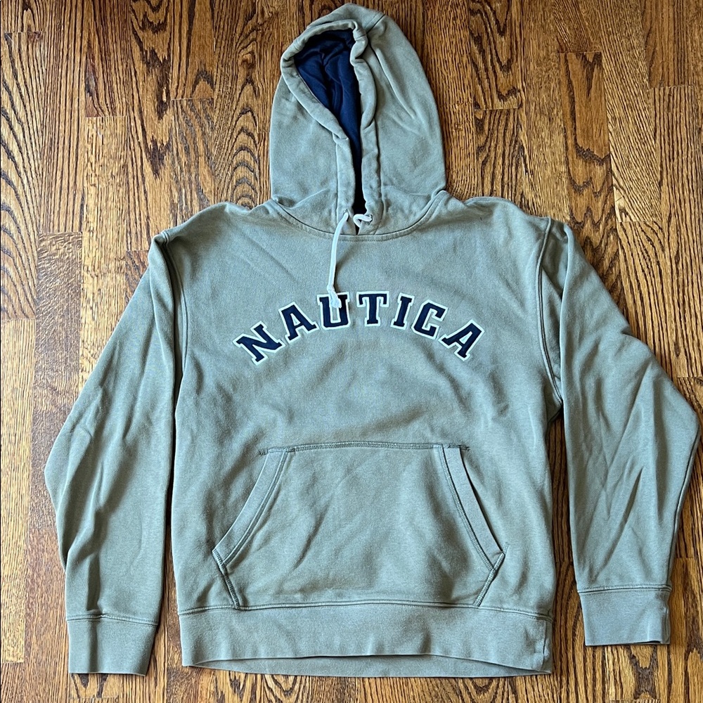 Nautica Olive Green Pullover Hoodie with Navy Logo